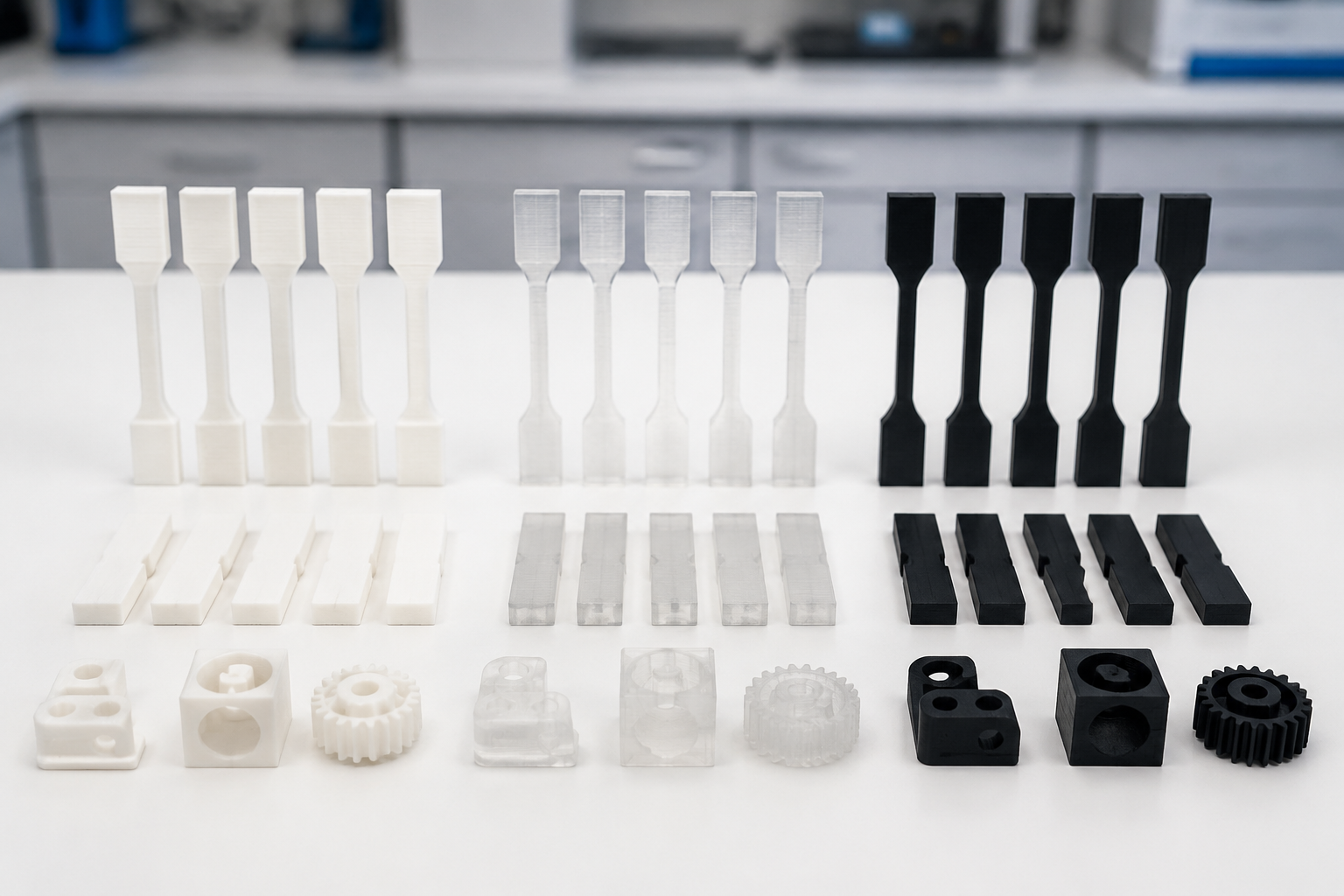 PLA PETG and ABS 3D printed test specimens side by side comparison