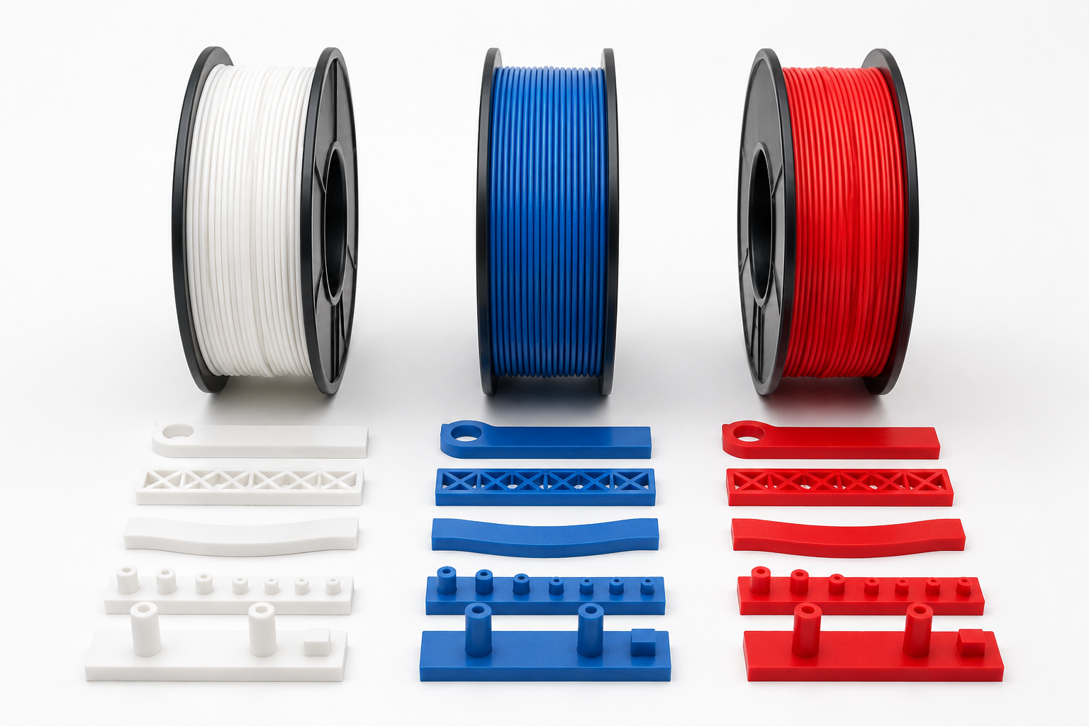 PLA PETG ABS filament spools with test specimens showing mechanical properties