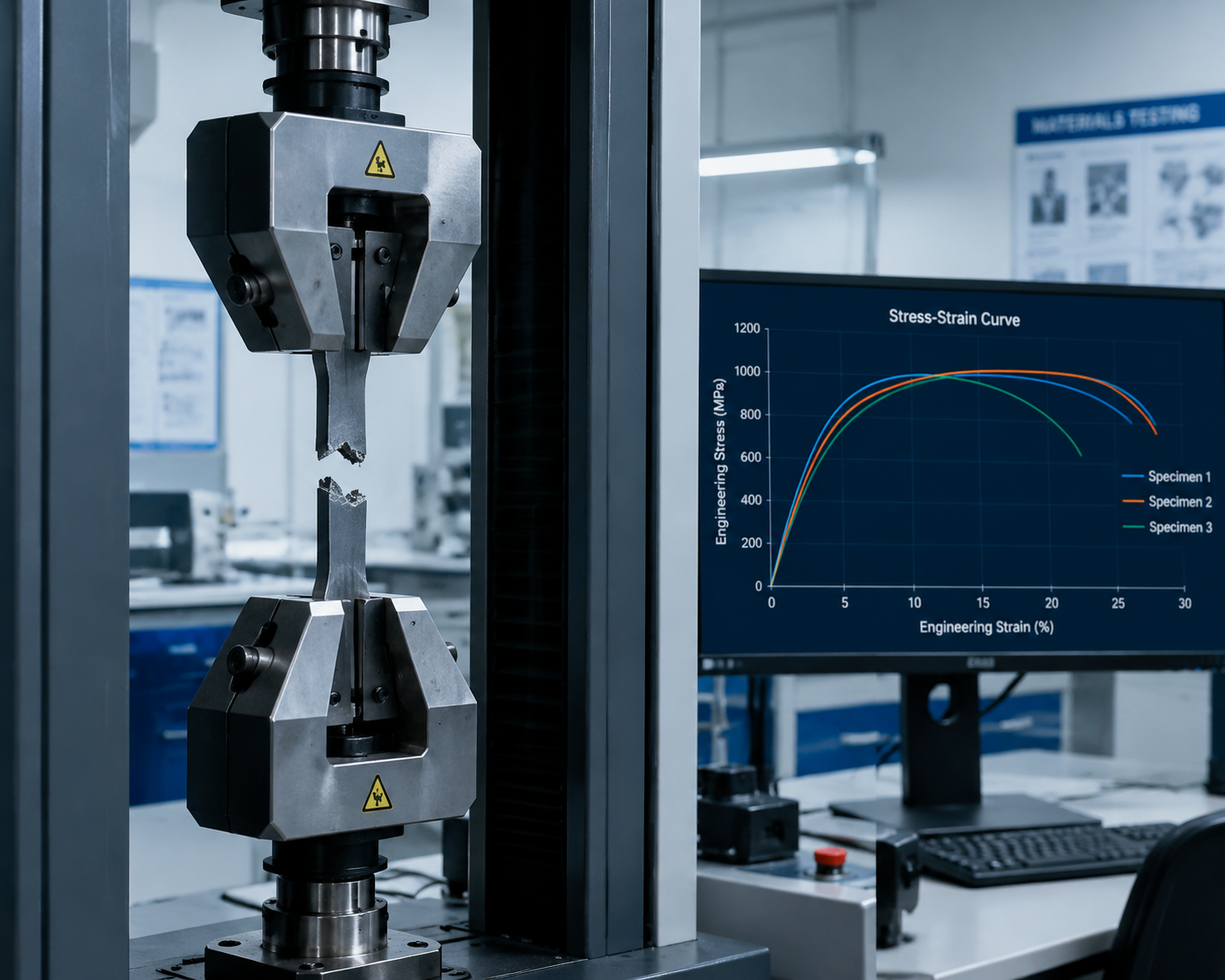 Stress-strain curves comparison PLA vs PETG vs ABS with tensile testing machine