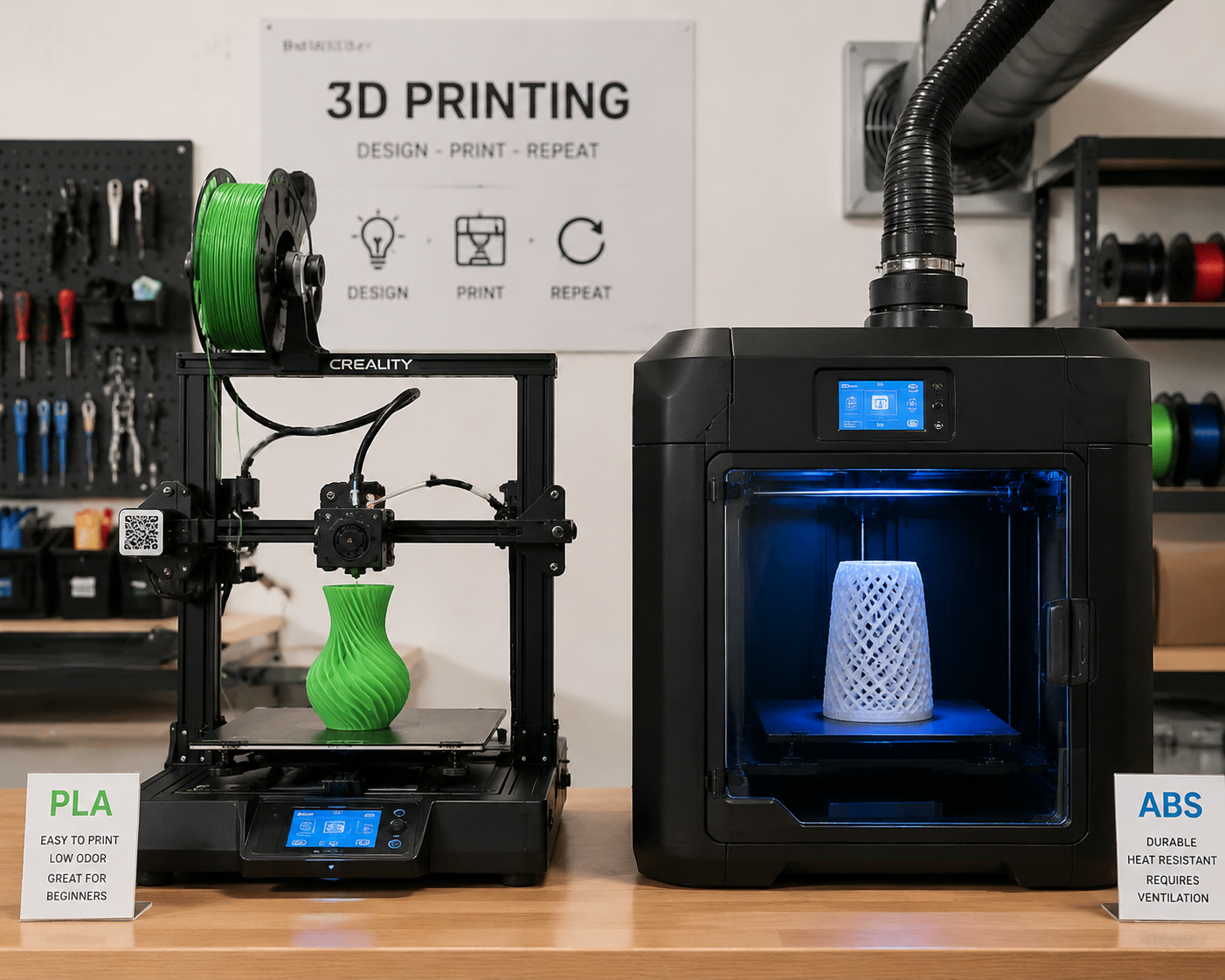 3D printing setup comparison enclosed printer for ABS vs open printer for PLA