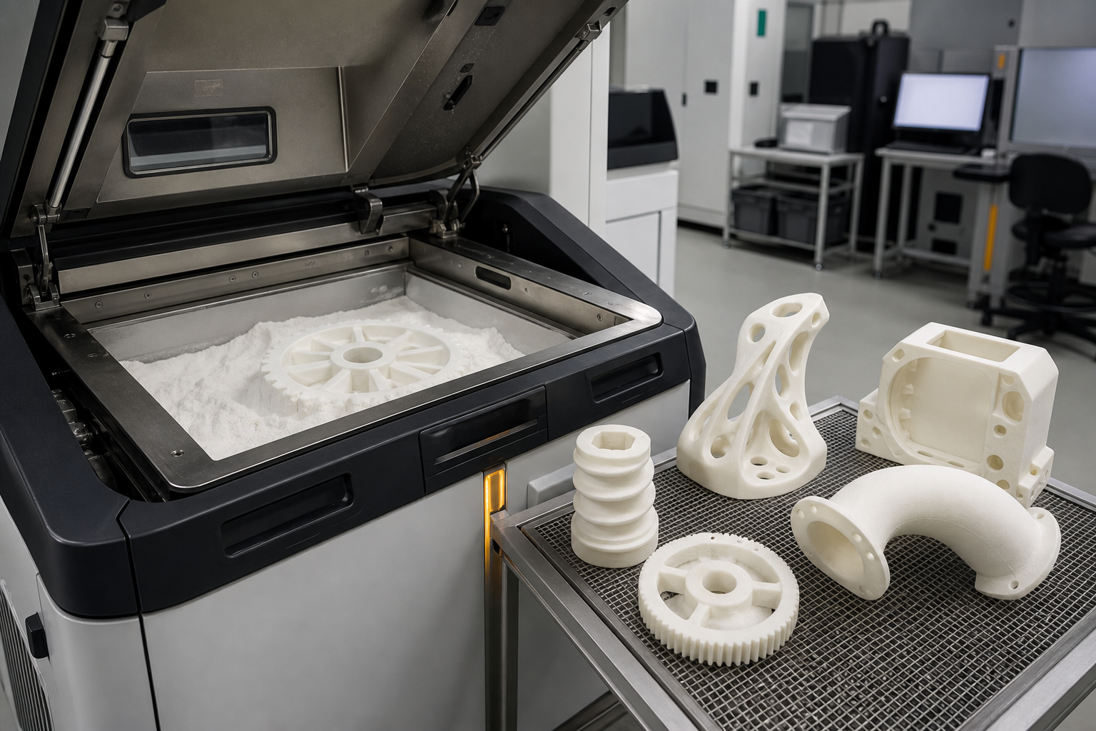 Plastic 3D Printing Services for Functional Parts: Materials, Processes and Buying Guide Industrial plastic 3D printing service using powder bed nylon process