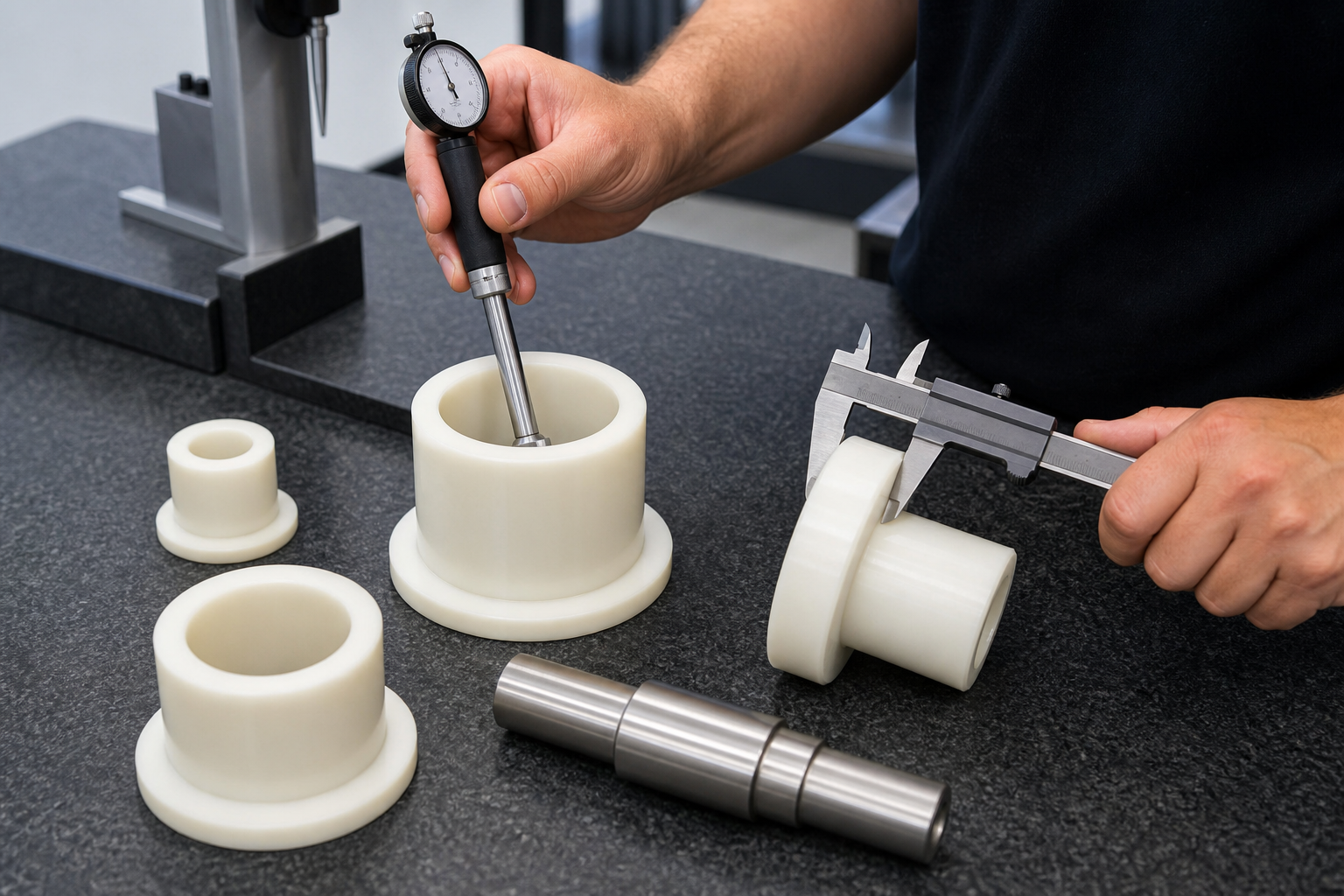 Inspection of custom plastic bushing bore, shaft fit and flange dimensions for industrial equipment