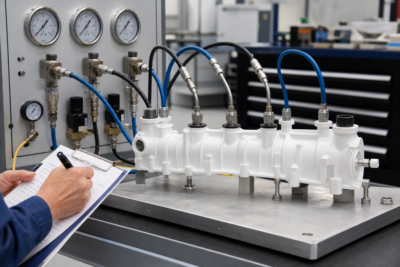Pressure and leak inspection of a custom plastic fluid manifold with documented port connections