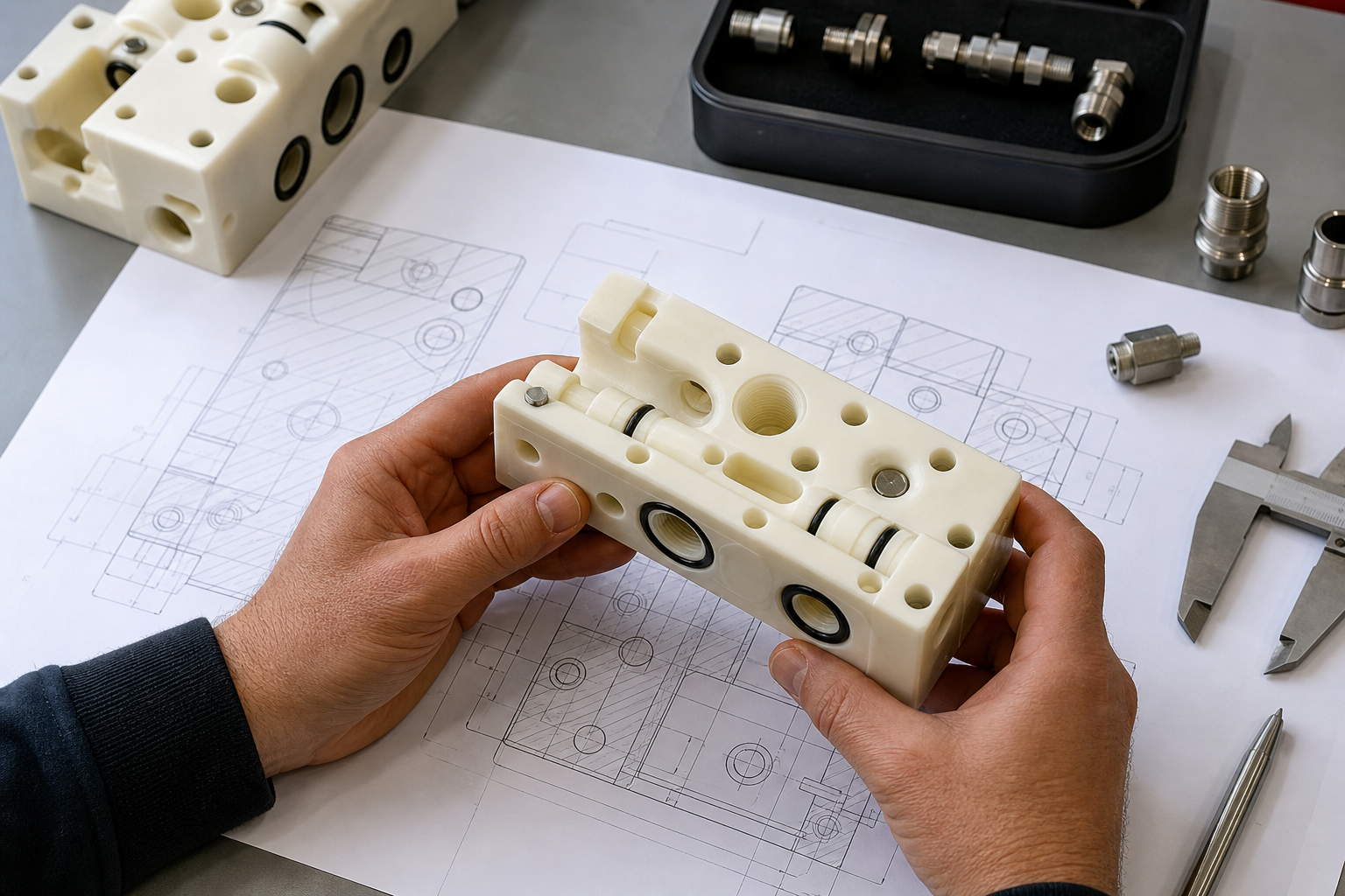 Engineer reviewing cross-drilled channels, threaded ports and O-ring grooves in a custom plastic manifold