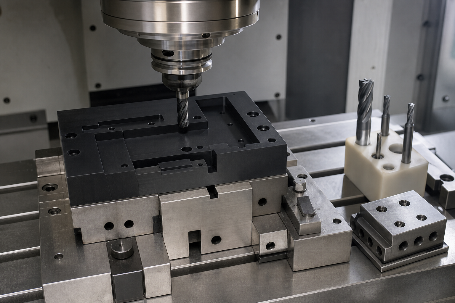 Ingenieur, der die Frässtrategie, die Spannvorrichtungen und die Werkzeugwege für kundenspezifische Kunststoffteile überprüft