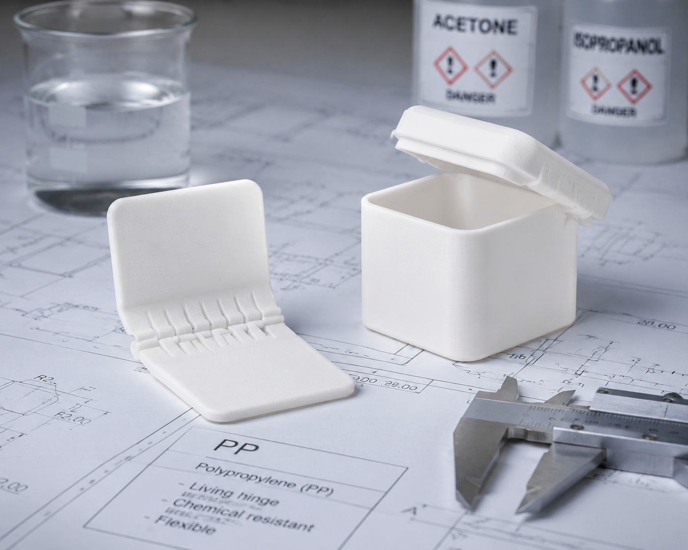 PPフィラメントの3Dプリントガイド:設定、ベッドへの密着、リビングヒンジの設計 White PP polypropylene 3D printed living hinge and flexible container prototype on engineering desk