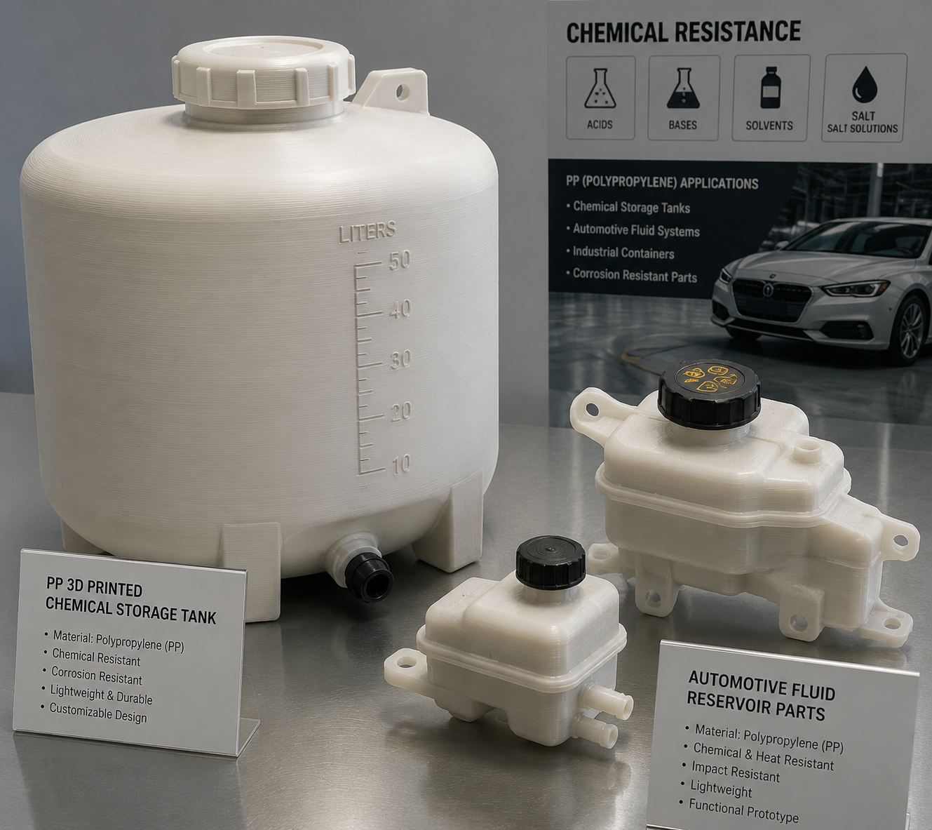 PPフィラメントの3Dプリントガイド:設定、ベッドへの密着、リビングヒンジの設計 Industrial PP 3D printed chemical storage tank prototype and automotive fluid reservoir