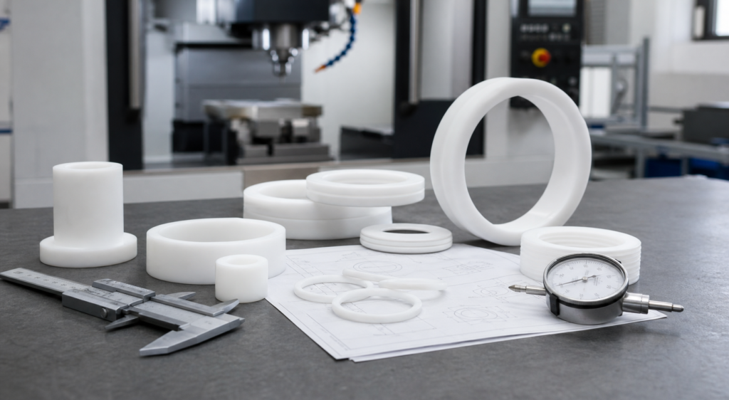 PTFE CNC machining services discussion with white fluoropolymer components and engineering notes