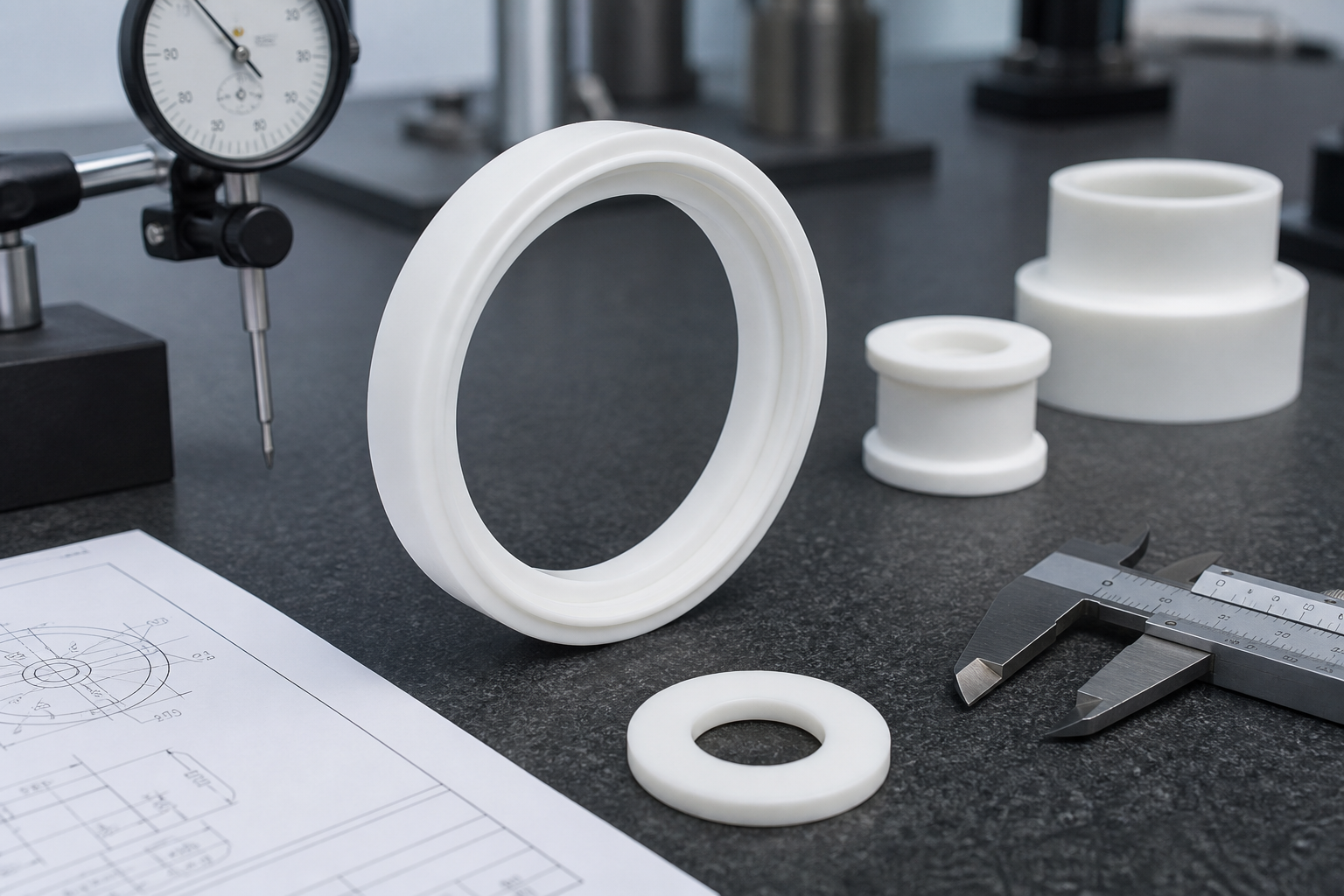 Prüfung eines bearbeiteten PTFE-Dichtungsteils mit Messgeräten und Maßkontrollliste