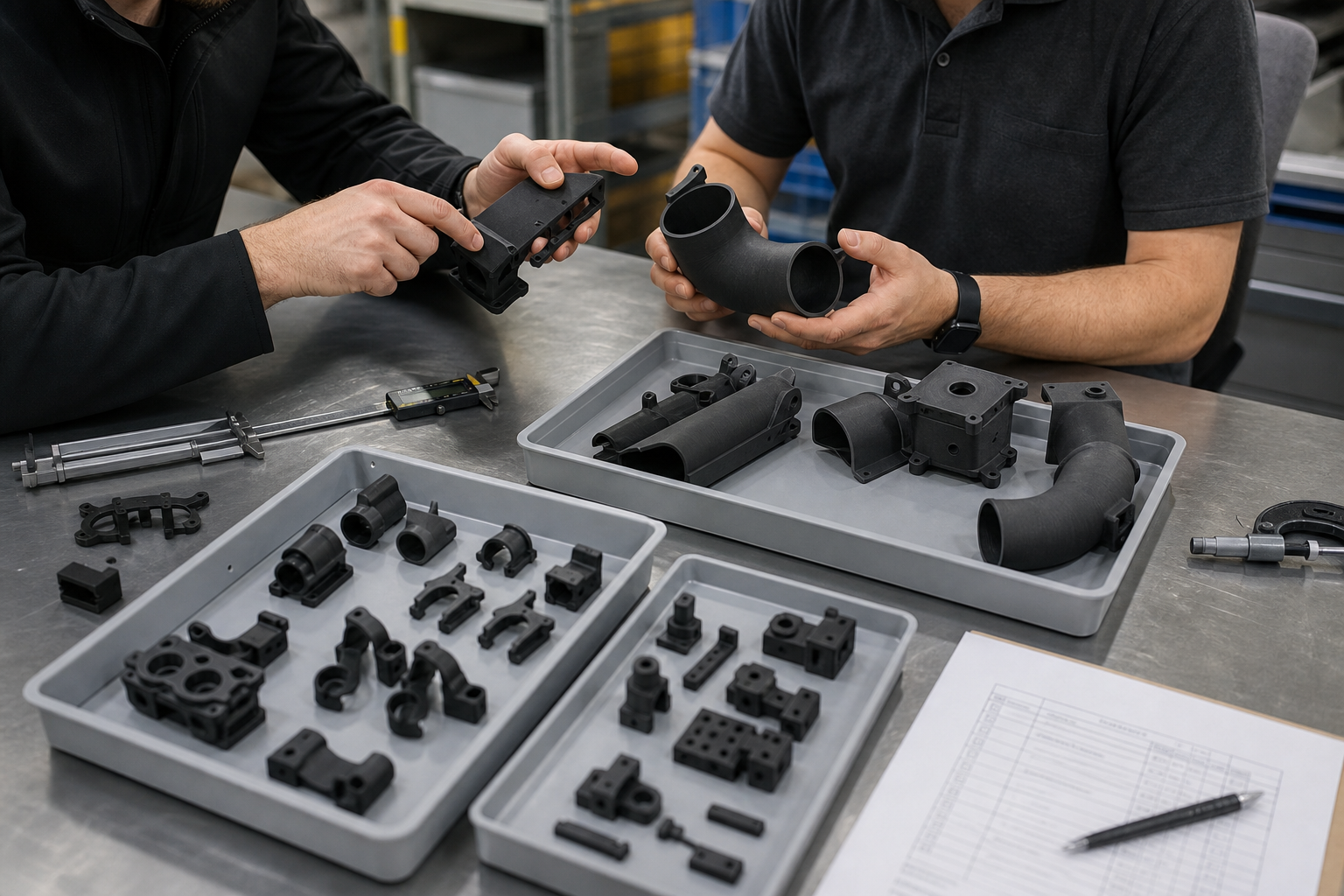 Engineers reviewing functional nylon 3D printed parts for SLS and MJF production selection