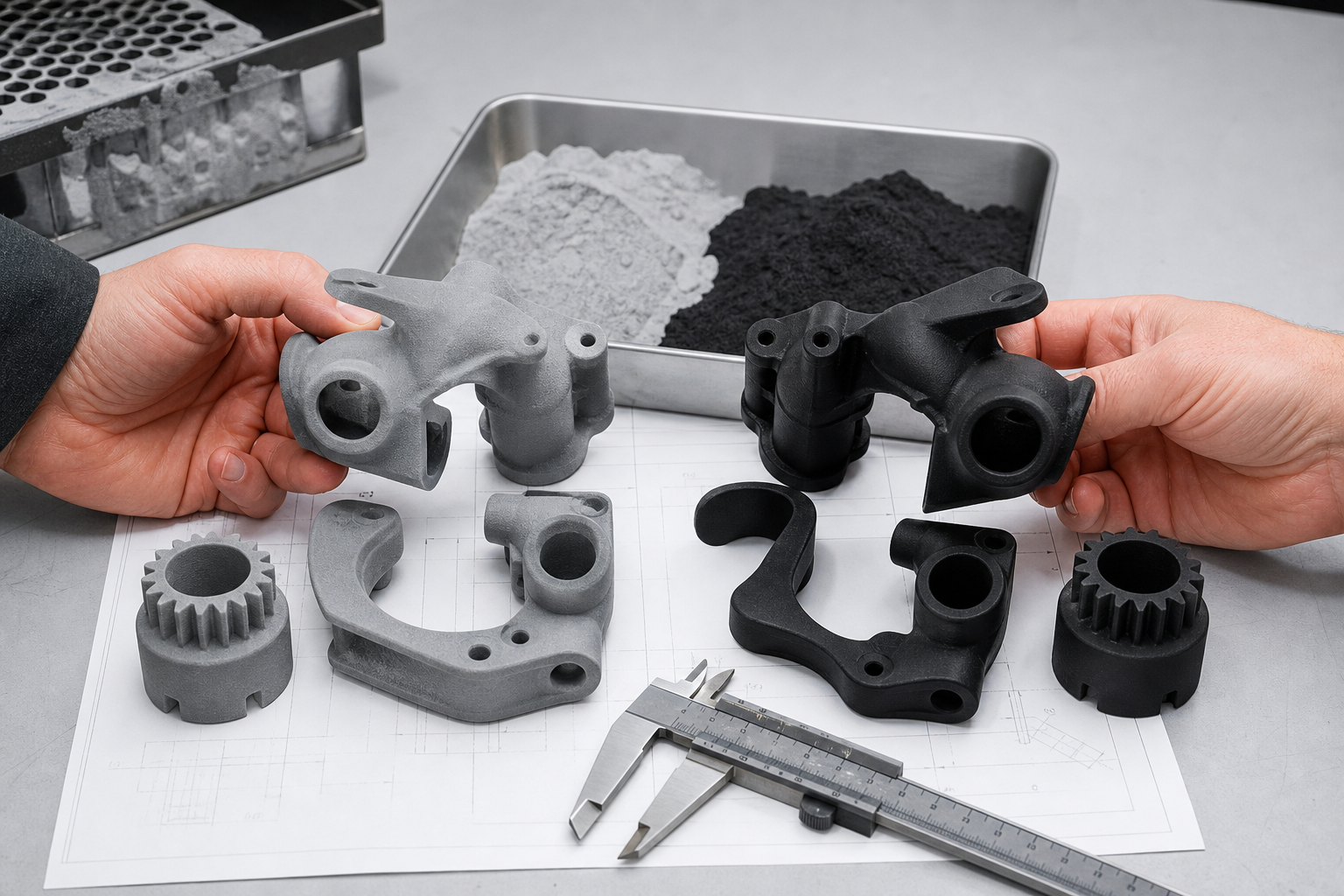 Side by side comparison of SLS and MJF nylon part surfaces and powder textures