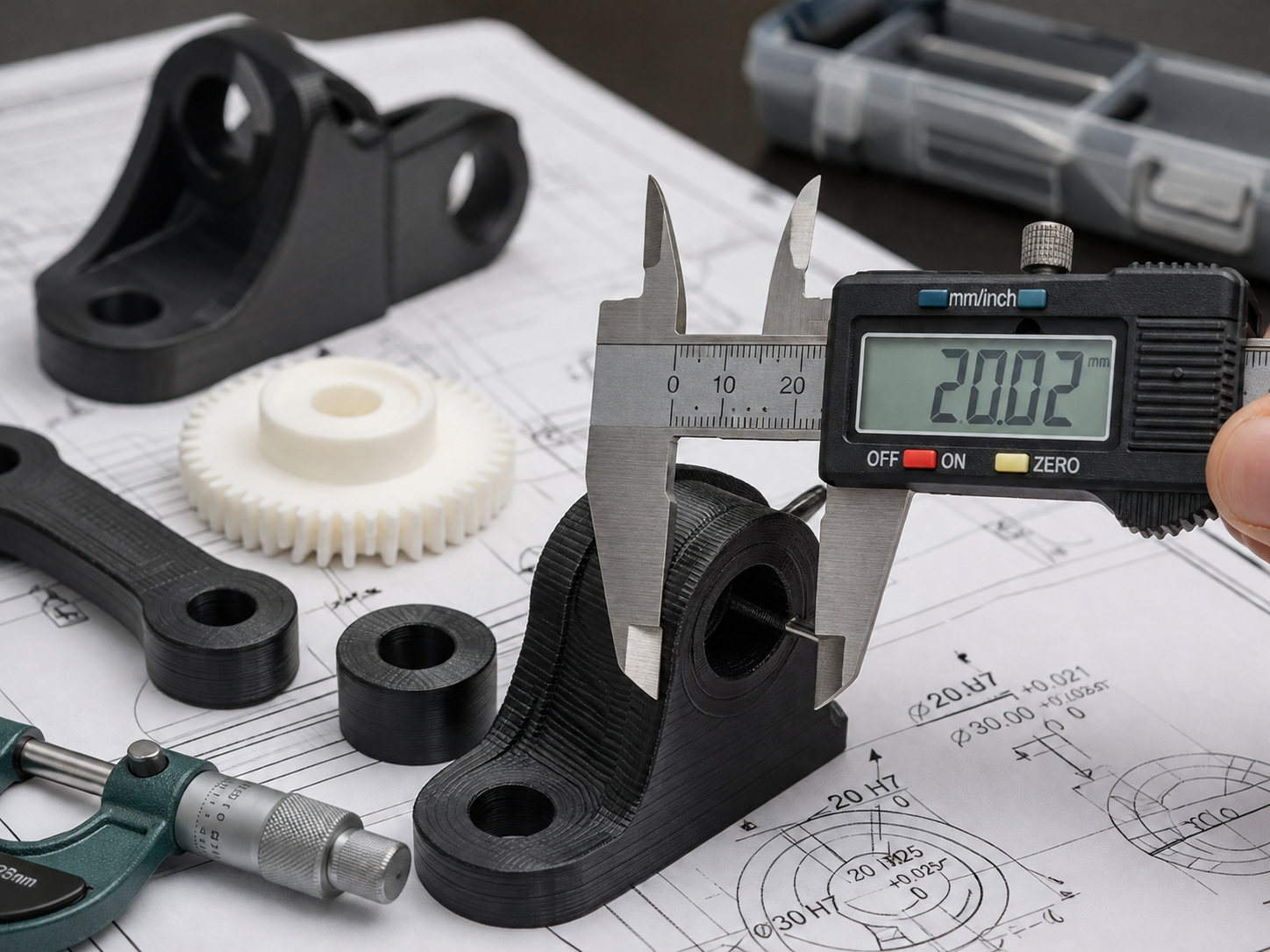 3D Printing Tolerances Guide: Fit, Assembly & Precision Design FDM 3D printed mechanical parts measured with digital calipers for bore diameter and clearance fit verification