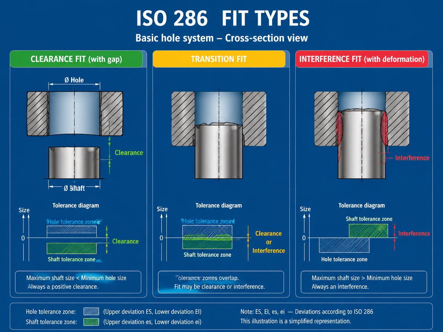 3D Printing Tolerances Guide: Fit, Assembly & Precision Design ISO 286 fit types illustration: clearance transition and interference fits with measurement lines