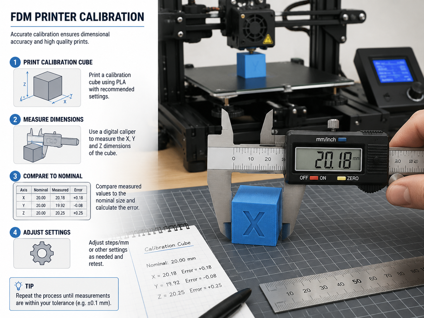 3D Printing Tolerances Guide: Fit, Assembly & Precision Design FDM printer calibration process with digital caliper measuring calibration cube