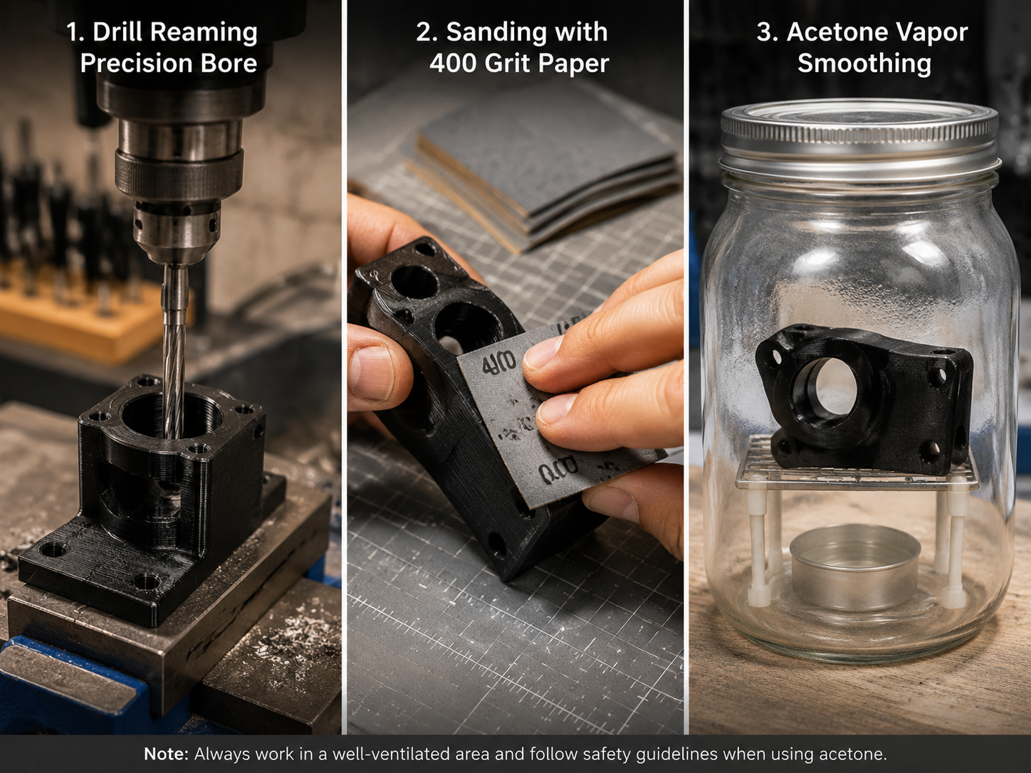 3D Printing Tolerances Guide: Fit, Assembly & Precision Design Three post-processing methods: drill reaming, sanding, and acetone vapor smoothing for 3D printed parts