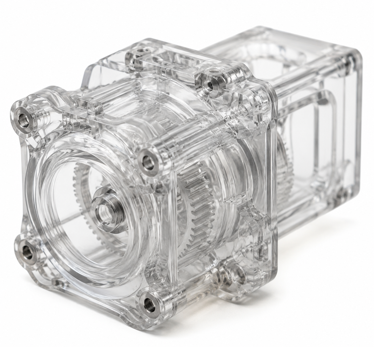 透明な3Dプリントガイド:透明パーツの材料、設定、および後処理 Transparent 3D printed mechanical part showing optical clarity with internal structure visible
