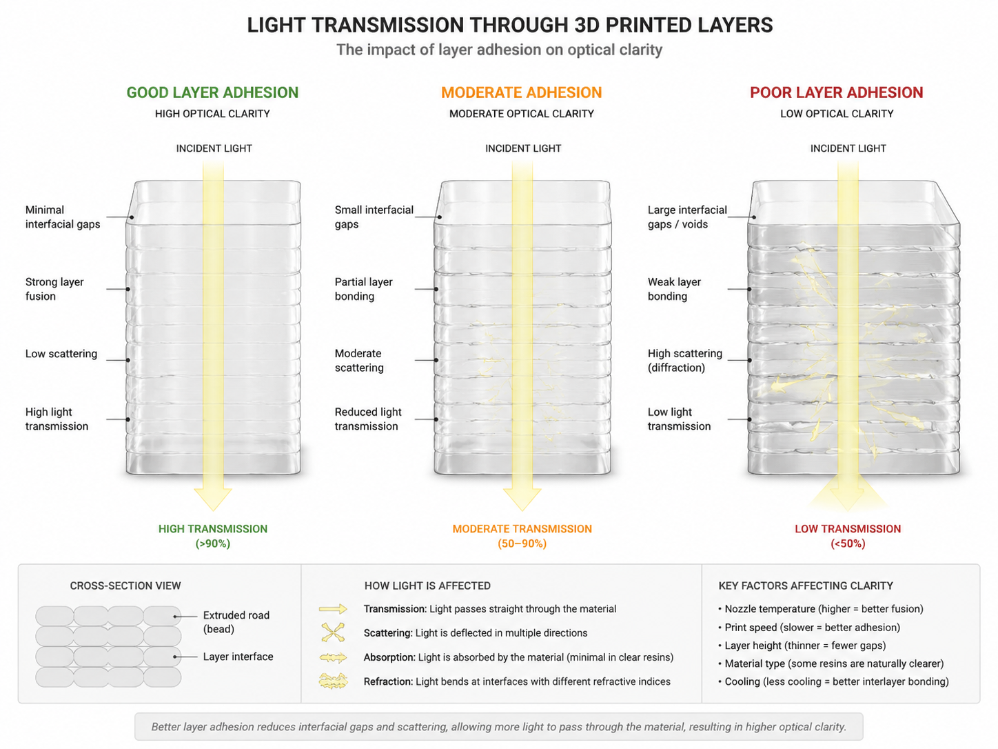 透明な3Dプリントガイド:透明パーツの材料、設定、および後処理 Technical cross-section diagram showing light transmission through 3D printed layers affecting optical clarity