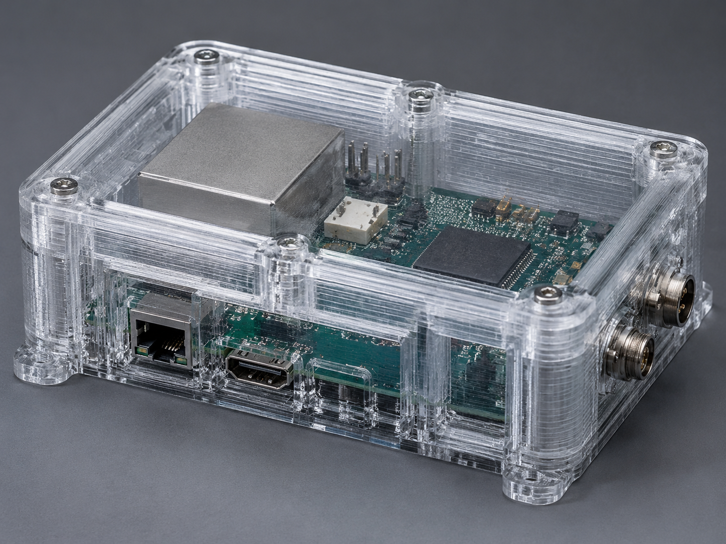 透明な3Dプリントガイド:透明パーツの材料、設定、および後処理 Industrial transparent 3D printed electronics enclosure with internal components visible