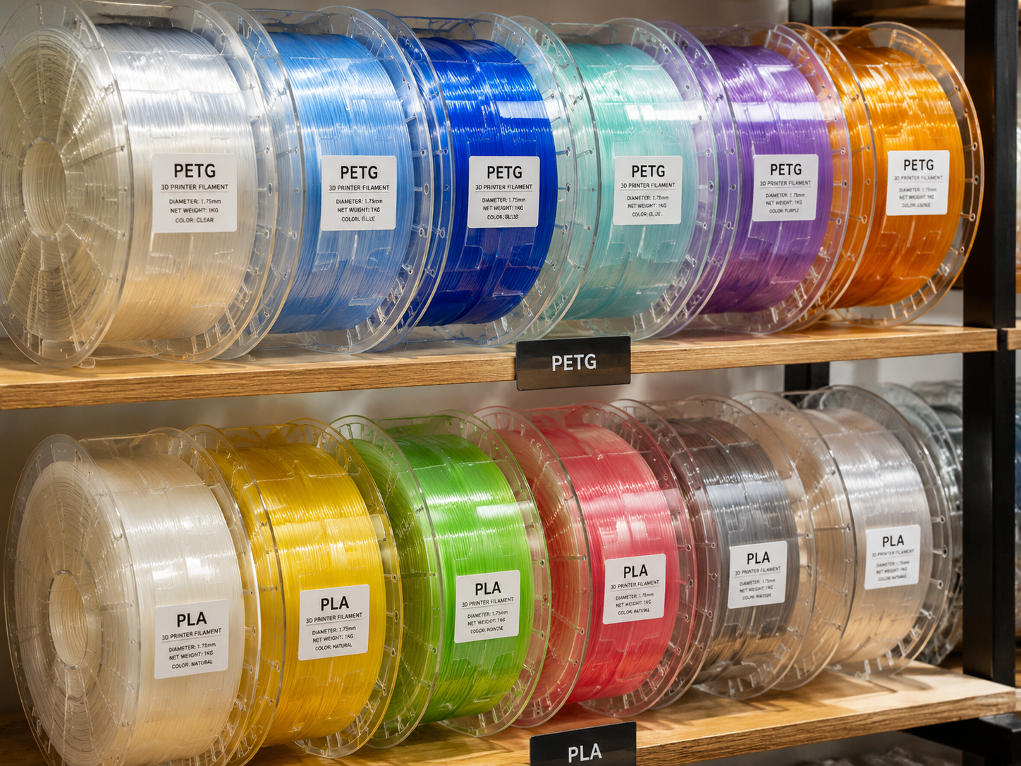 透明な3Dプリントガイド:透明パーツの材料、設定、および後処理 Clear PETG and transparent PLA filament spools in different transparency grades on product shelf