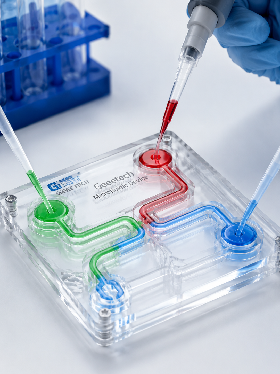 透明な3Dプリントガイド:透明パーツの材料、設定、および後処理 Transparent 3D printed microfluidic device with colored liquid visible through clear channels