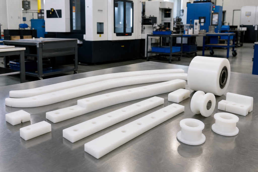 UHMW CNC machining services with white wear guides, rollers and precision machined plastic components