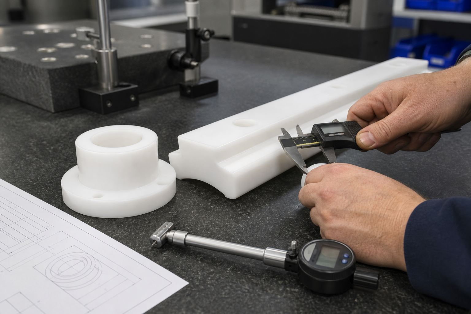 Servicios de mecanizado CNC de UHMW: piezas de desgaste, tolerancias y guía para solicitudes de presupuesto Dimensional inspection of machined UHMW guide rail and bushing components for an industrial assembly
