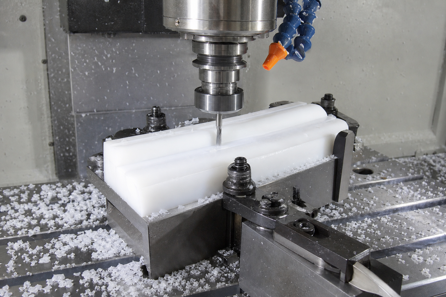 Servicios de mecanizado CNC de UHMW: piezas de desgaste, tolerancias y guía para solicitudes de presupuesto Machining setup for UHMW plastic wear parts with controlled workholding and sharp cutting tools