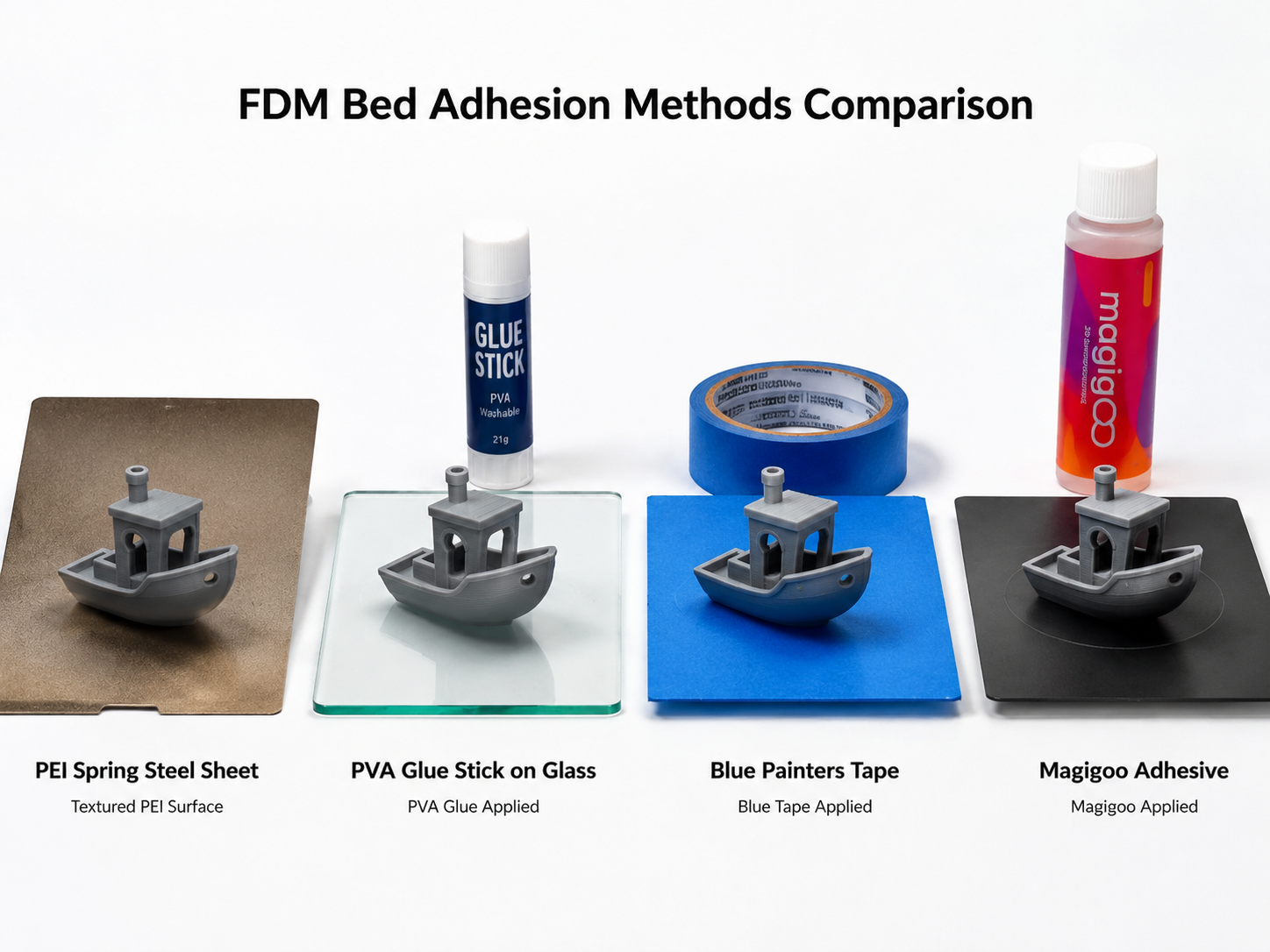 Comparison of FDM bed adhesion methods: PEI sheet, glue stick application, painter tape, and Magigoo on glass bed