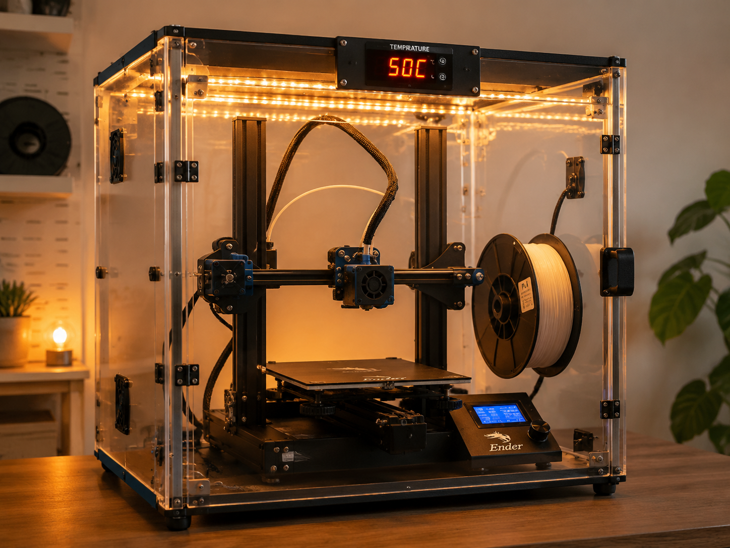 3D printer inside a heated enclosure with temperature display showing stable 50C chamber environment