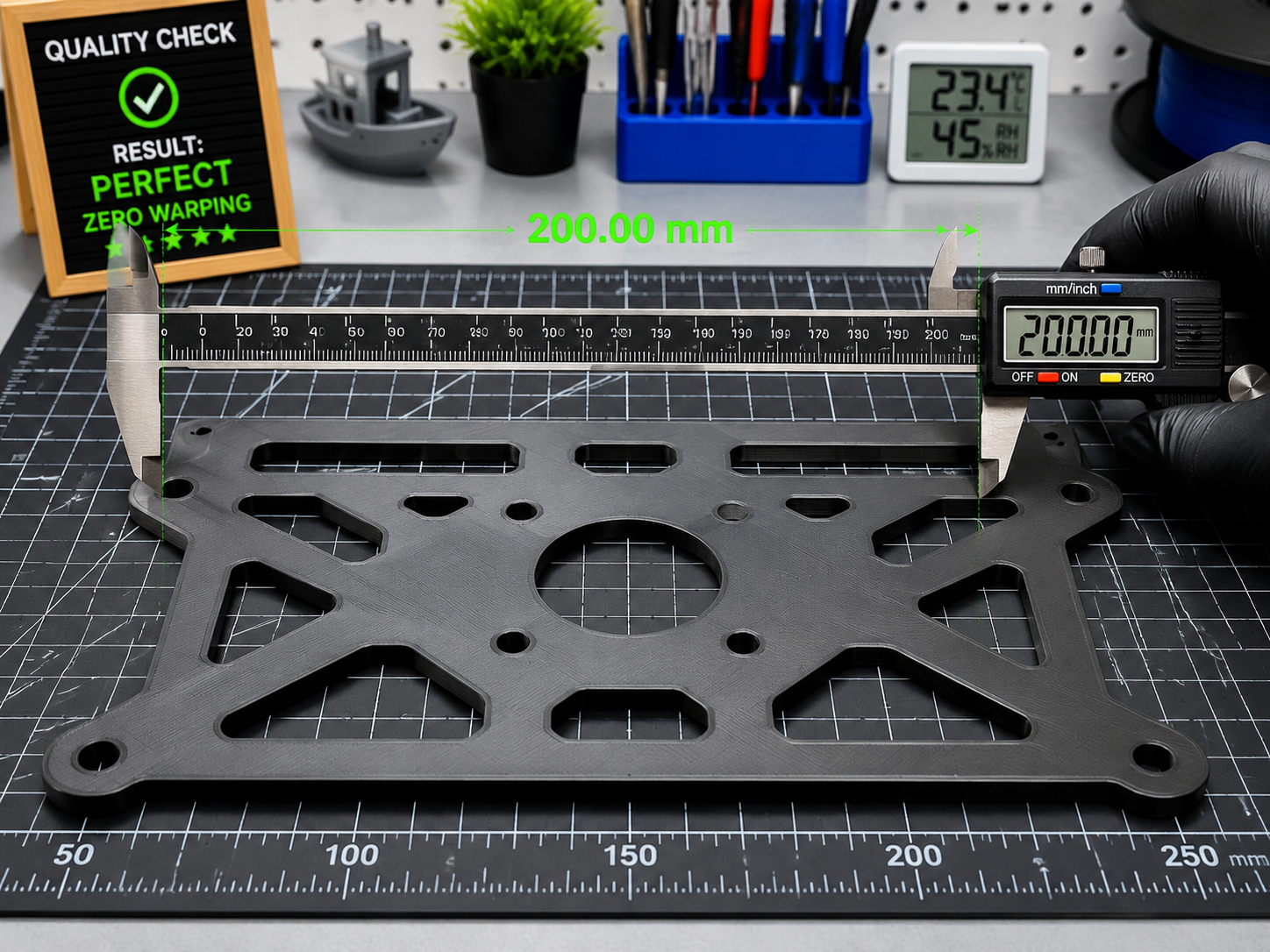 Perfectly flat large-format FDM print with digital calipers showing zero warping across 200mm span