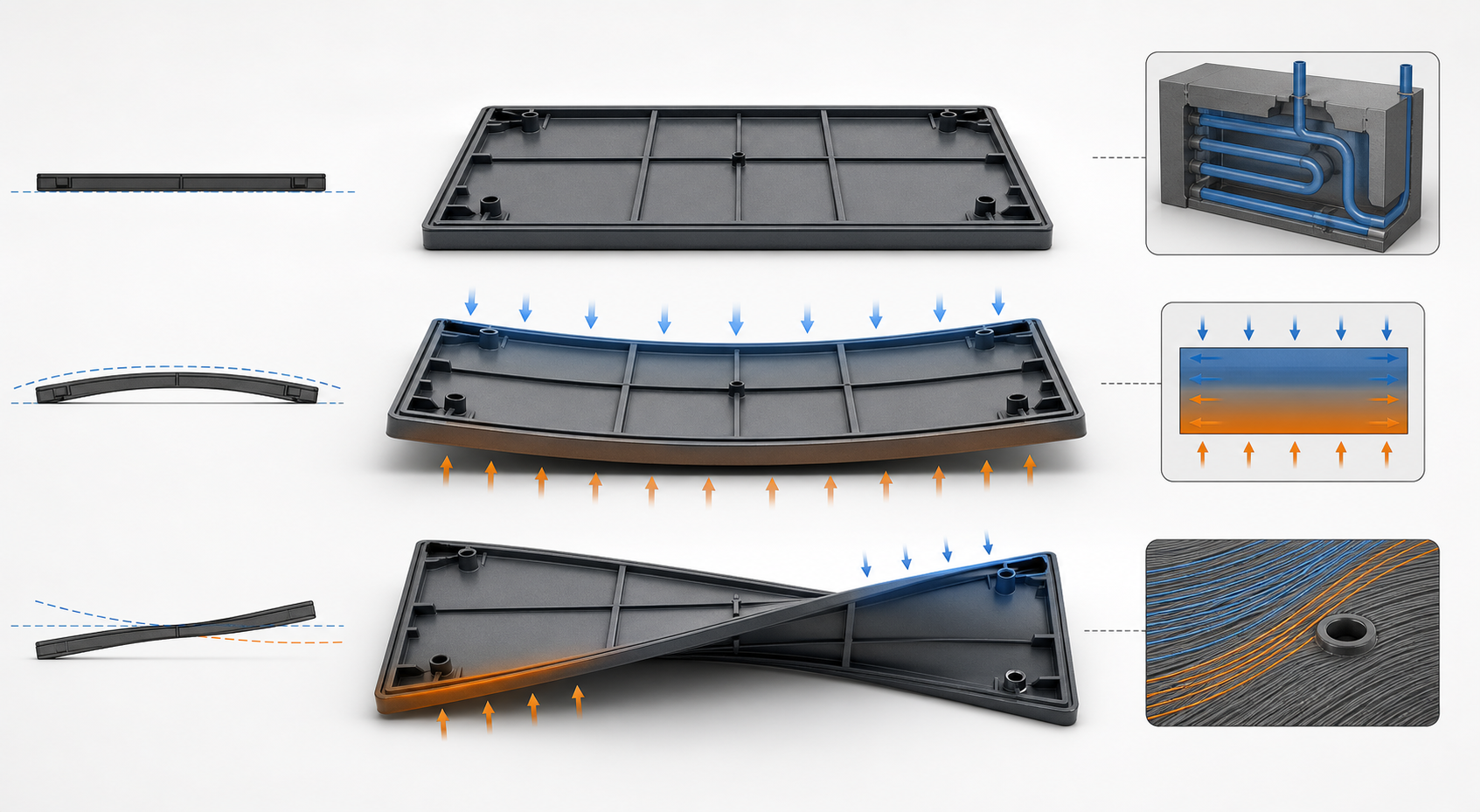 Warpage in injection molding showing bow, twist, cooling imbalance and fiber-flow effects