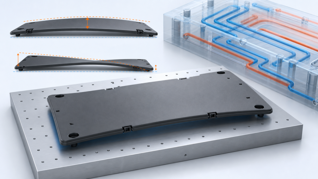 Warpage in injection molding showing a bowed molded panel and cooling fixture