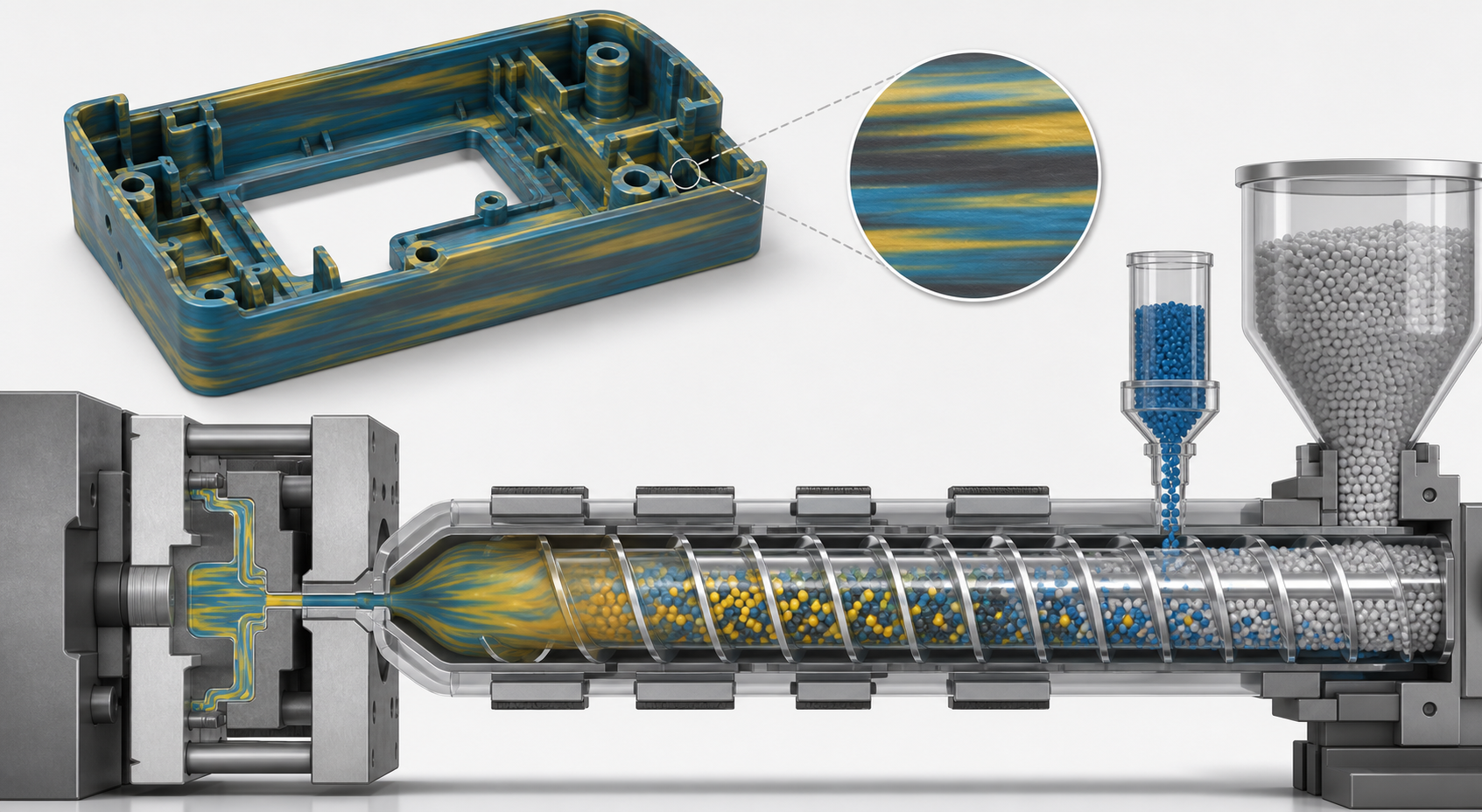Color streaks in injection molding caused by material mixing and masterbatch flow