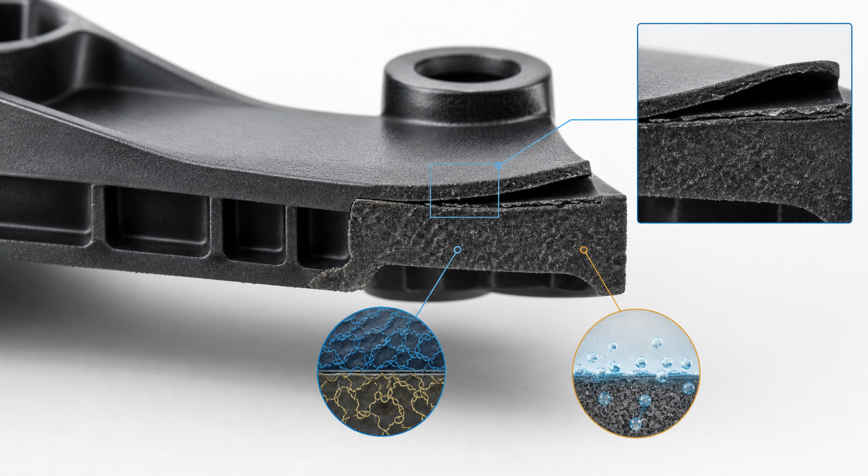 Delamination in Injection Molding: Causes and Corrective Actions Delamination in an injection molded plastic part shown in cross-section