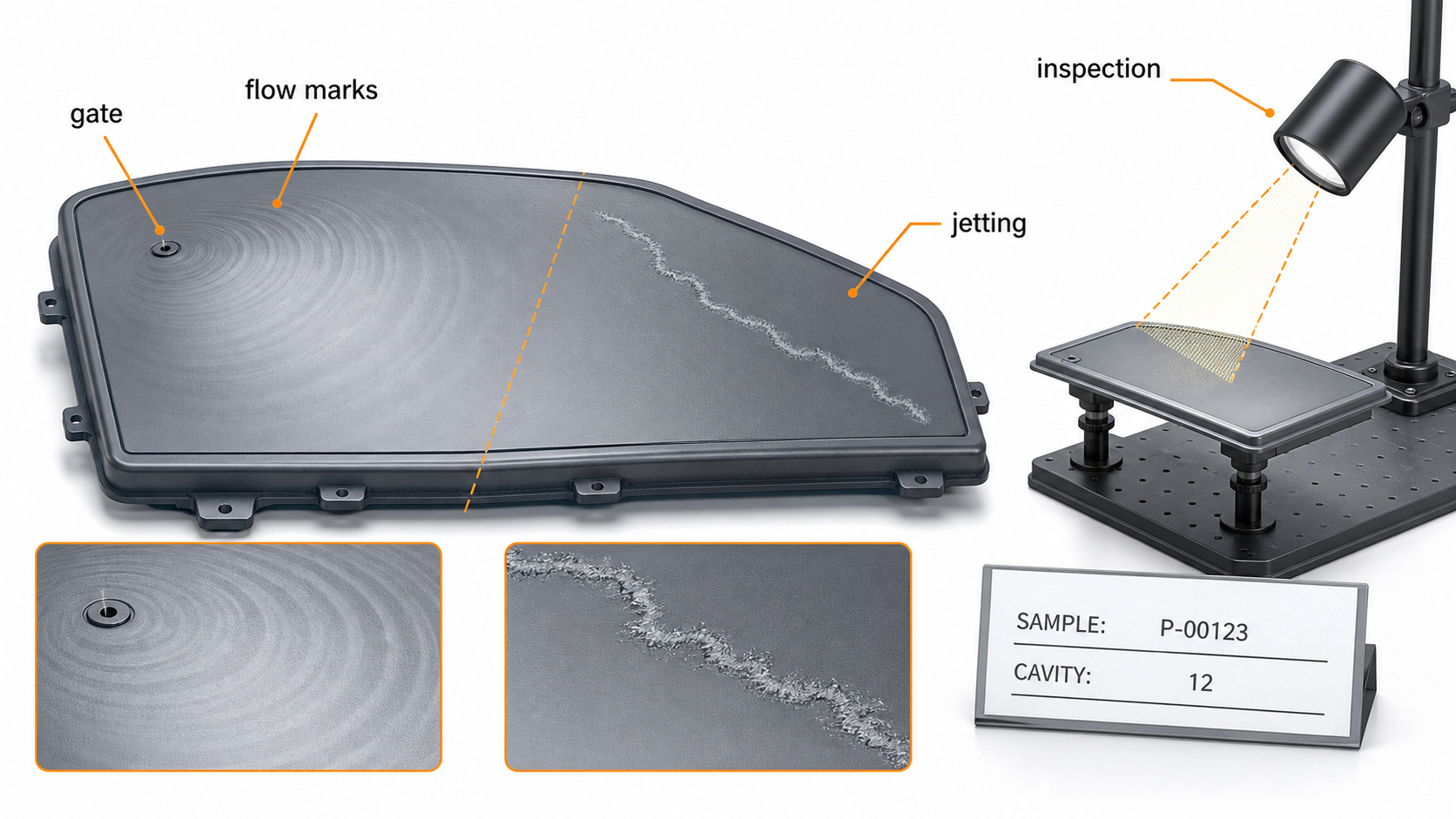 Flow Marks vs Jetting in Injection Molding: Diagnosis and Fixes Inspection comparison of flow marks and jetting on an injection molded plastic panel