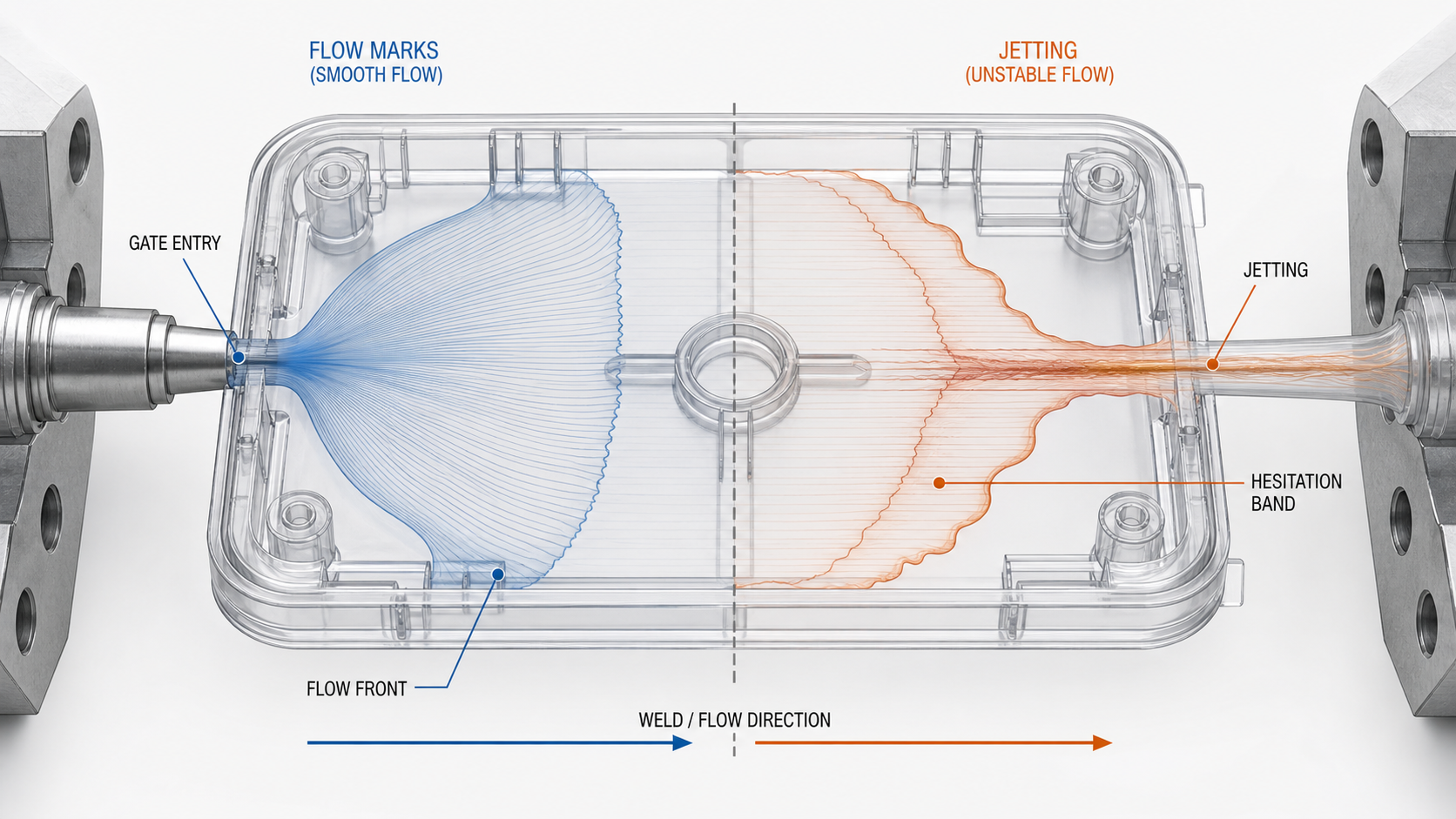 Flow Marks vs Jetting in Injection Molding: Diagnosis and Fixes Flow marks and jetting in injection molding shown at gate entry and along the flow front