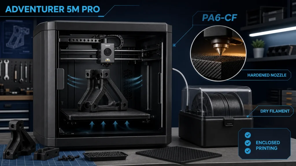 Adventurer 5M Pro PA6-CF printing setup with hardened nozzle, dry filament and enclosure