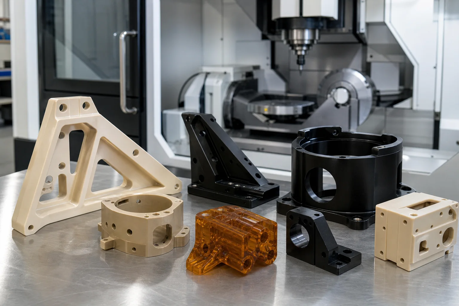 Aerospace Plastic Machining: Materials, Traceability and RFQ Guide Aerospace plastic machining with precision PEEK, PEI and engineering plastic brackets beside a five-axis CNC machine