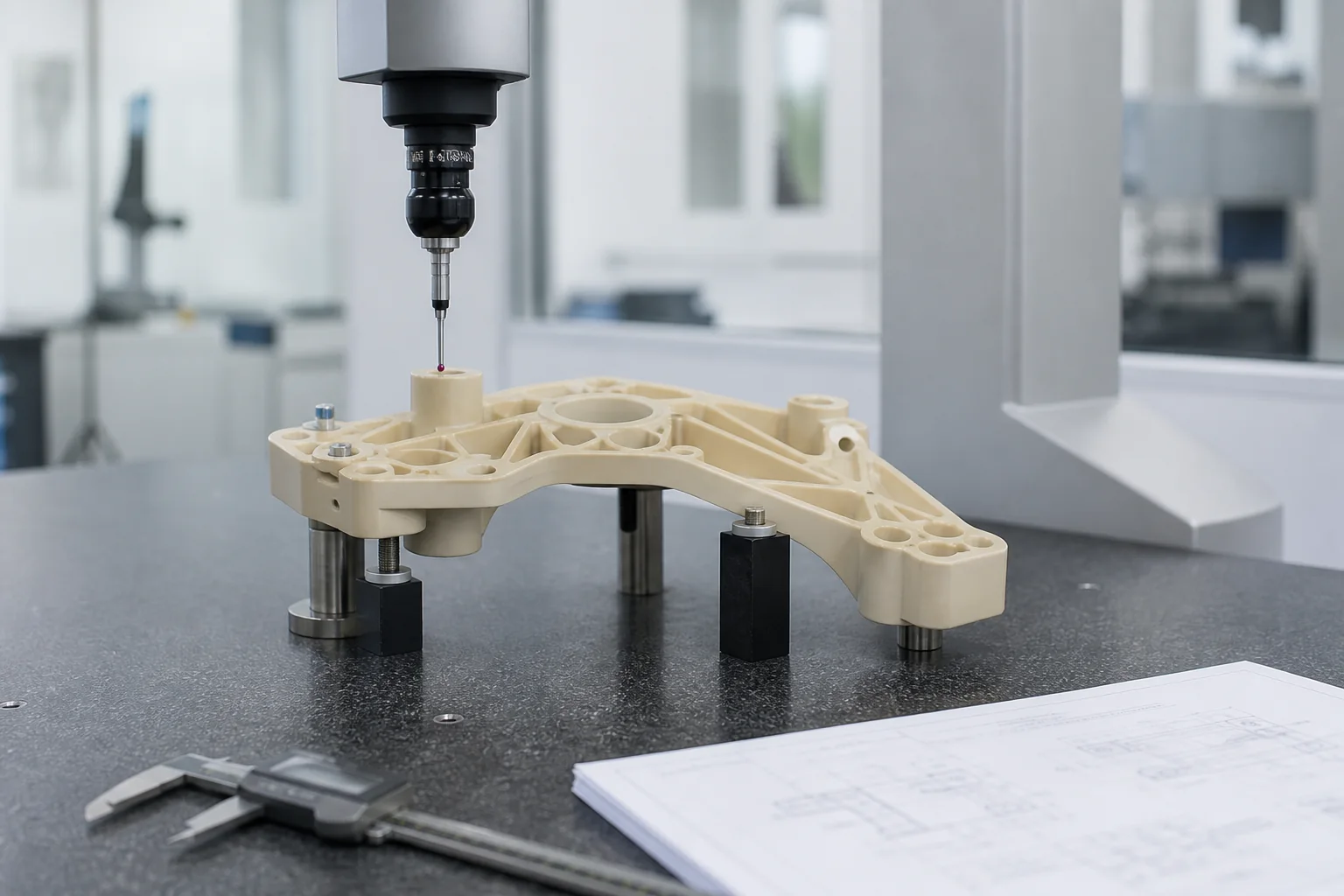 Aerospace Plastic Machining: Materials, Traceability and RFQ Guide CMM dimensional inspection of a machined aerospace plastic bracket with drawing and measurement tools