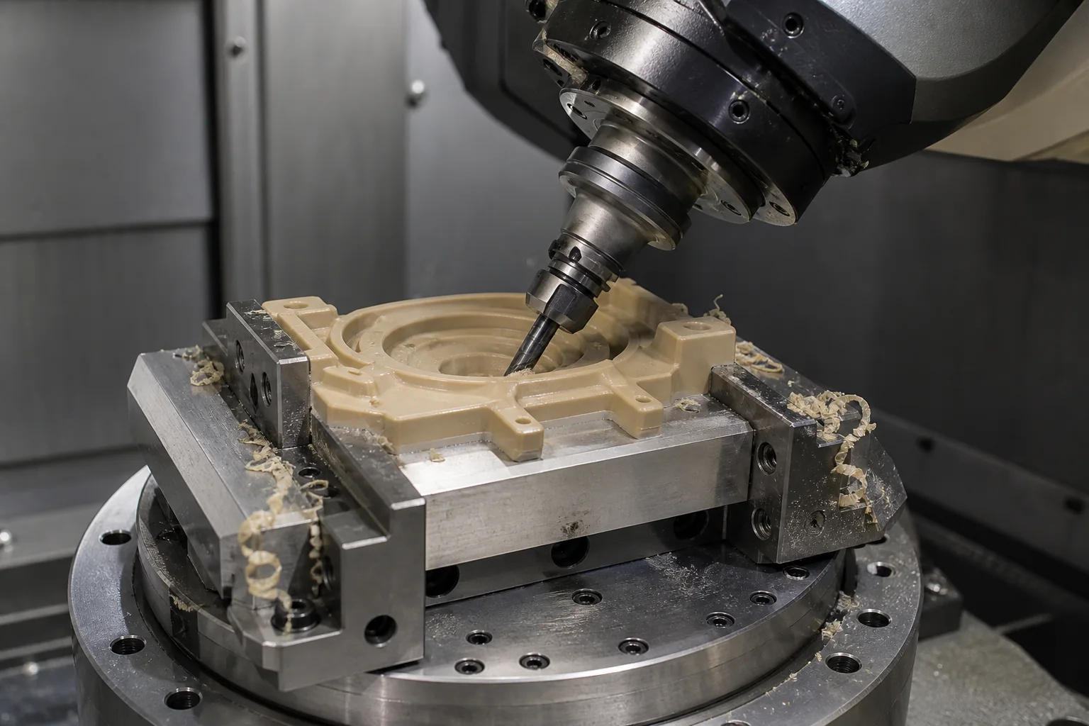 Aerospace Plastic Machining: Materials, Traceability and RFQ Guide Five-axis CNC machining of a precision aerospace engineering plastic component in a supported fixture