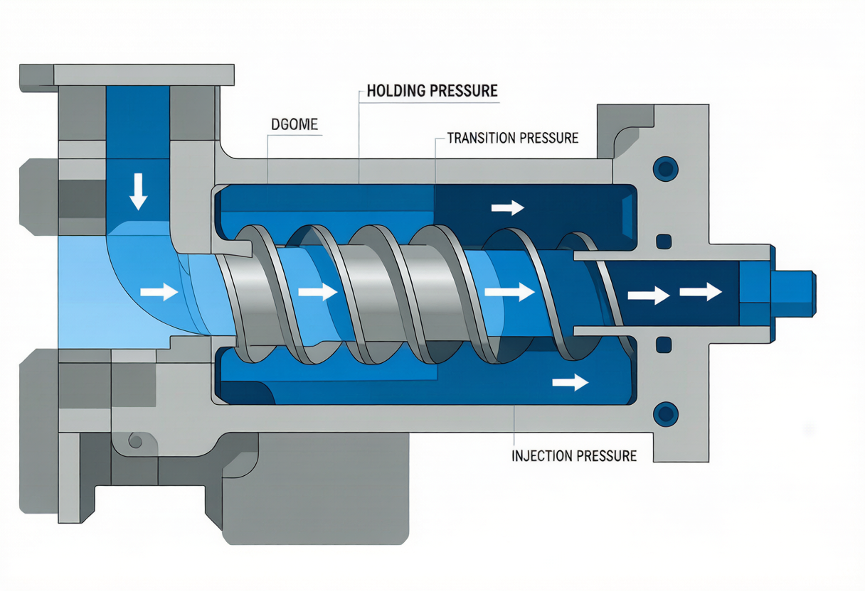 Back pressure injection molding machine barrel cross-section diagram showing screw position and melt flow