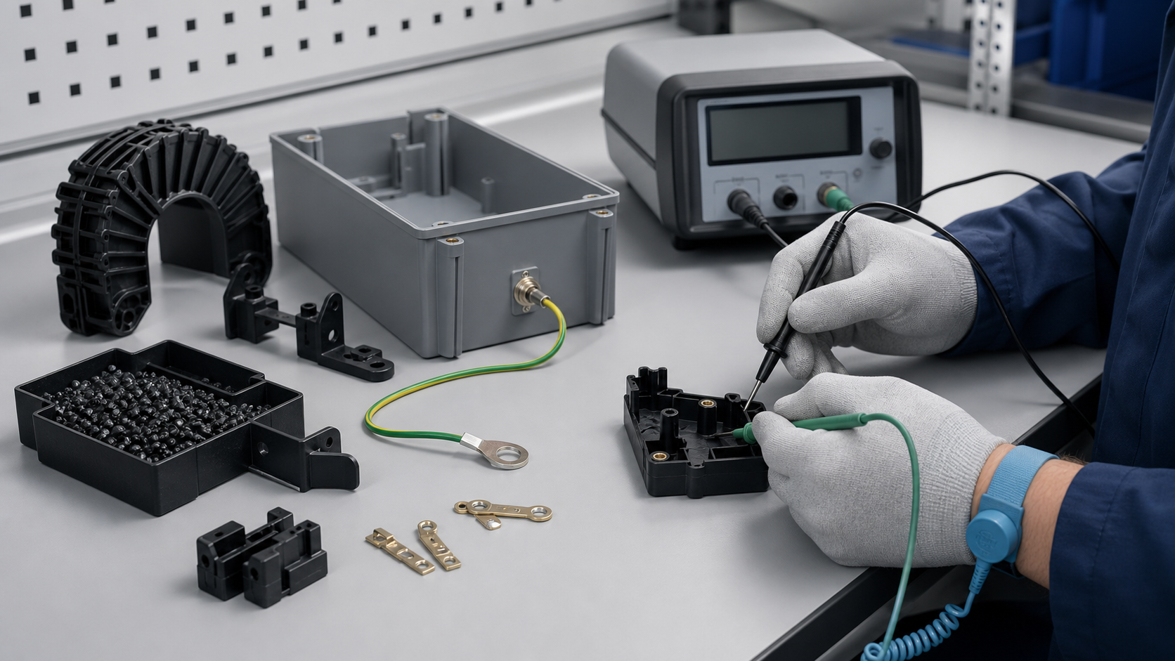 ESD conductive and static-dissipative plastic parts with resistance testing