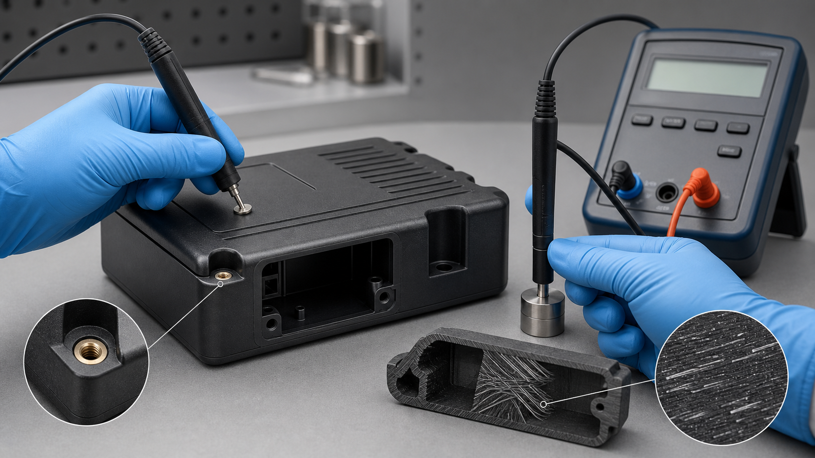 Electrical resistance testing of a conductive nylon enclosure