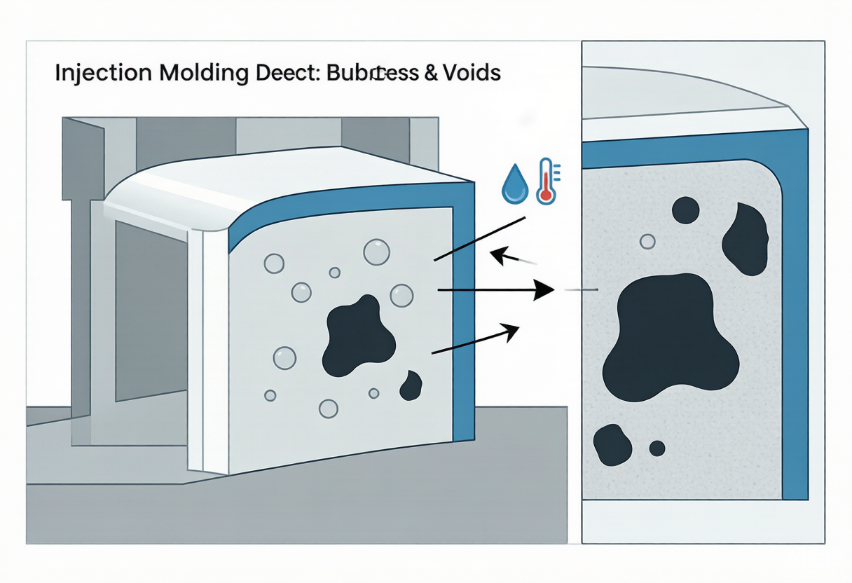 Internal air bubbles and gas voids trapped in injection molded plastic part from moisture during processing