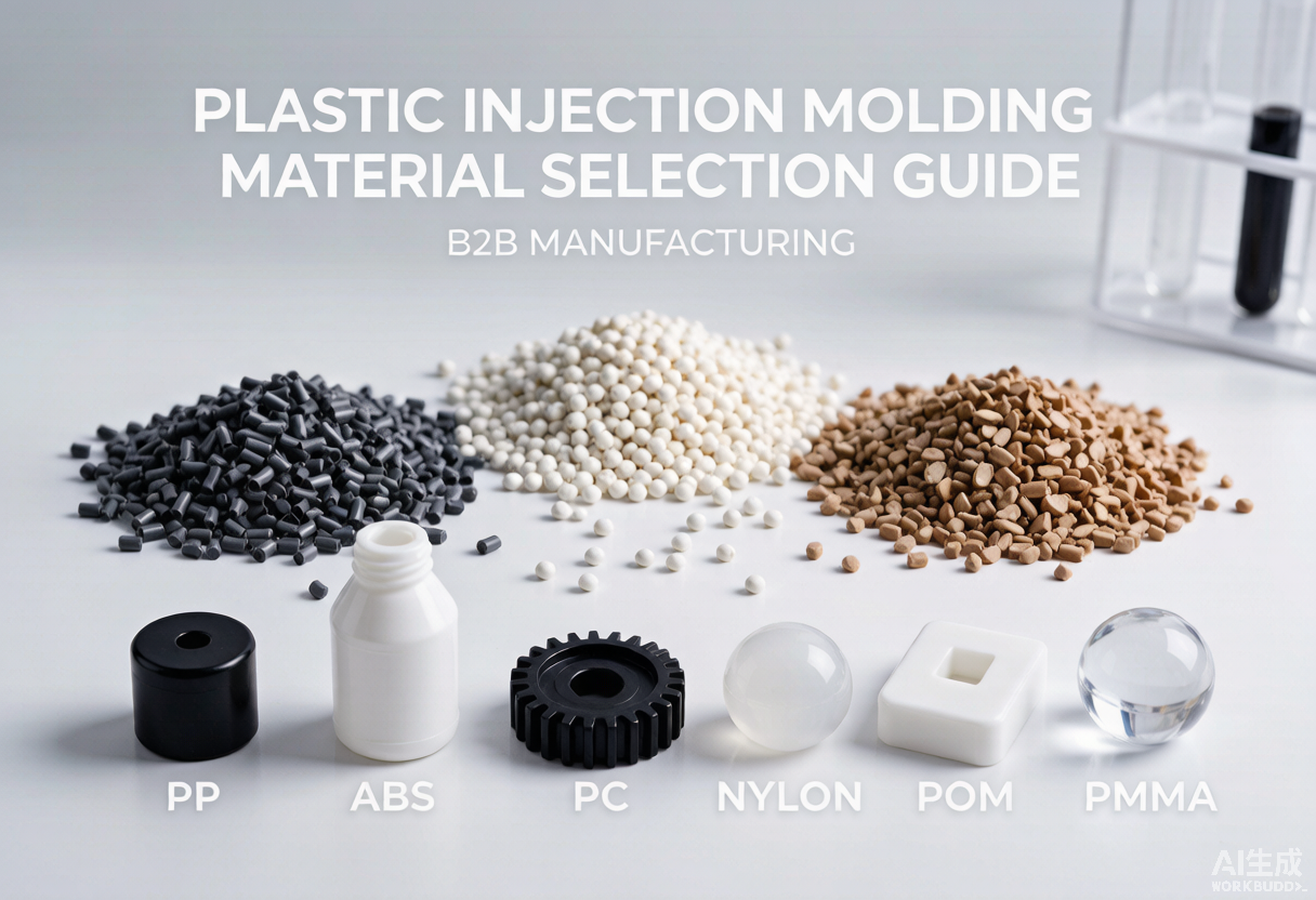 Plastic injection molding material selection guide with polymer pellets and molded samples