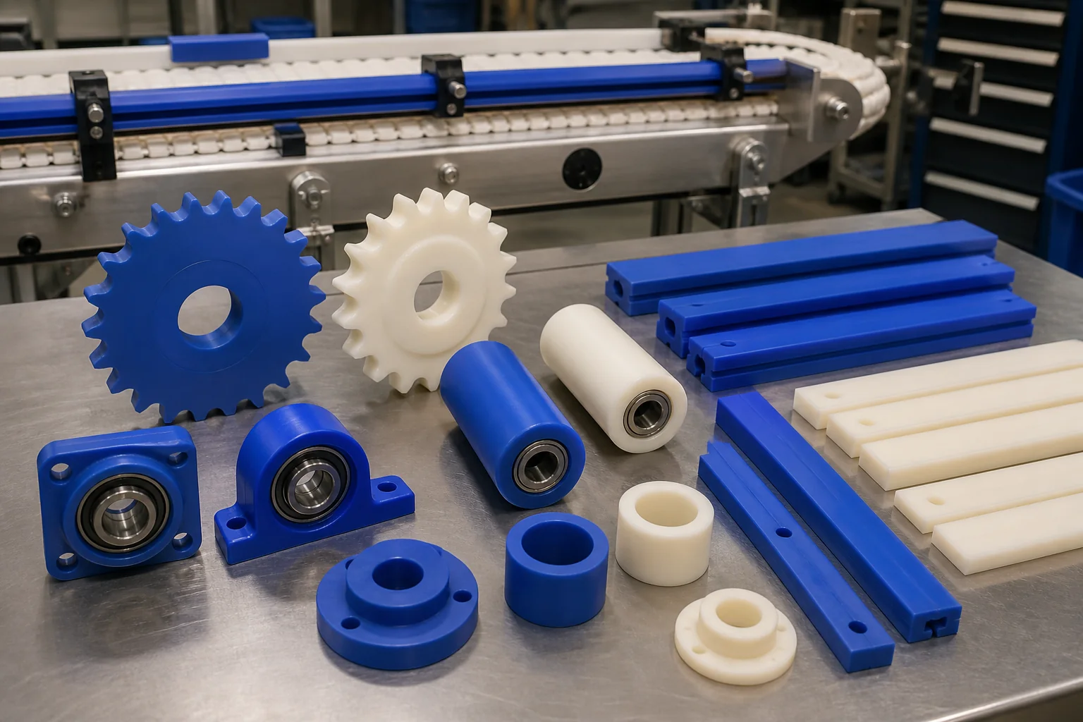Nylatron Machining Services: Grades, Tolerances and RFQ Guide Machined cast nylon gears, rollers, bearing blocks, wear strips and bushings for material handling equipment