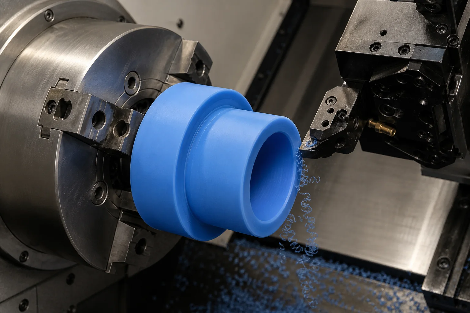 Nylatron Machining Services: Grades, Tolerances and RFQ Guide CNC turning of a blue cast nylon bushing with controlled polymer chip formation
