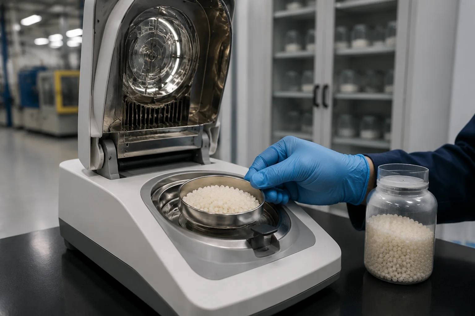 Nylon pellet samples beside a laboratory moisture analyzer for incoming quality testing