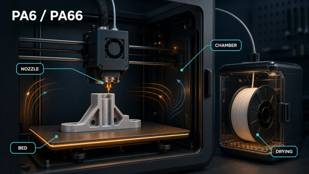 PA6 and PA66 nylon printing setup with nozzle, heated bed, chamber and filament drying
