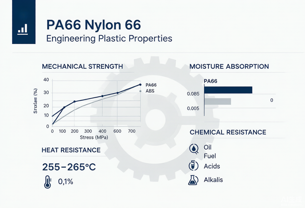 PA66 Nylon 66 engineering plastic properties comparison infographic showing mechanical strength, heat resistance, moisture absorption and chemical resistance data for material selection
